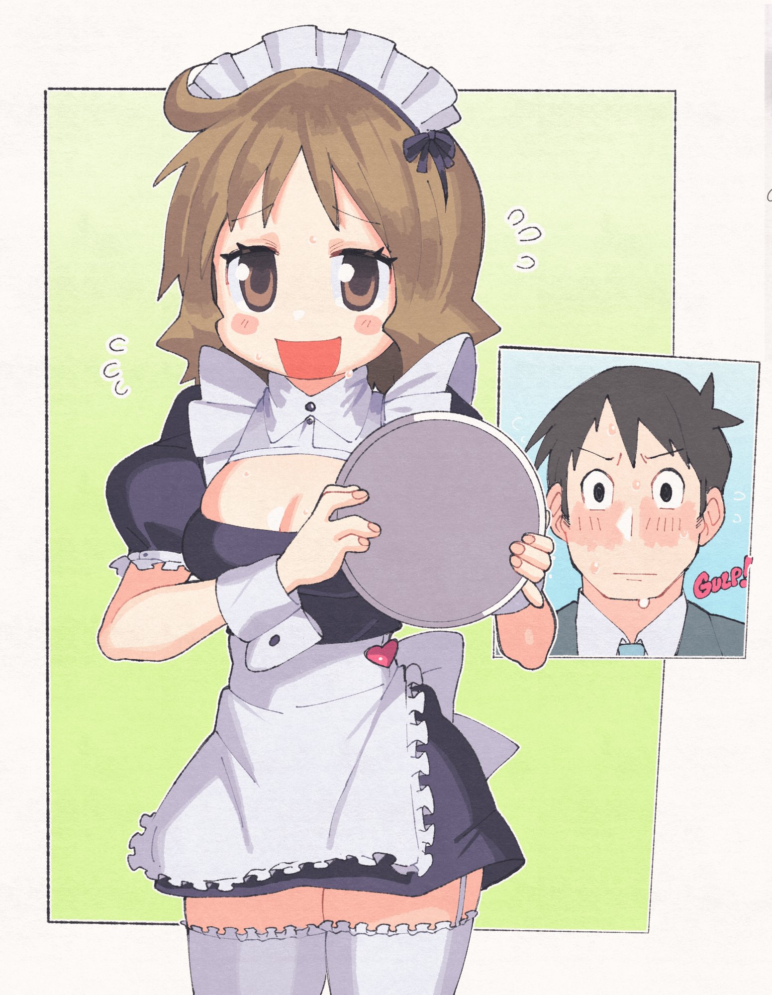 inkerton-kun, sakurai izumi, takasaki manabu, nichijou, highres, 1boy, 1girl, apron, black dress, black ribbon, blush, breasts, brown eyes, brown hair, cleavage cutout, clothing cutout, dress, flying sweatdrops, green background, heart, holding, holding plate, maid, maid headdress, outside border, plate, puffy short sleeves, puffy sleeves, ribbon, short hair, short sleeves, thighhighs, thighs, two-tone background, waist apron, white apron, white background, white thighhighs, white wrist cuffs, wrist cuffs