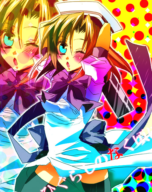 idleidler, tsukumi (tkmillust), ryuuguu rena, higurashi no naku koro ni, bad id, bad pixiv id, 00s, 1girl, cleaver, female focus, hat, hatchet, nata (tool), ribbon, skirt, solo, thighhighs