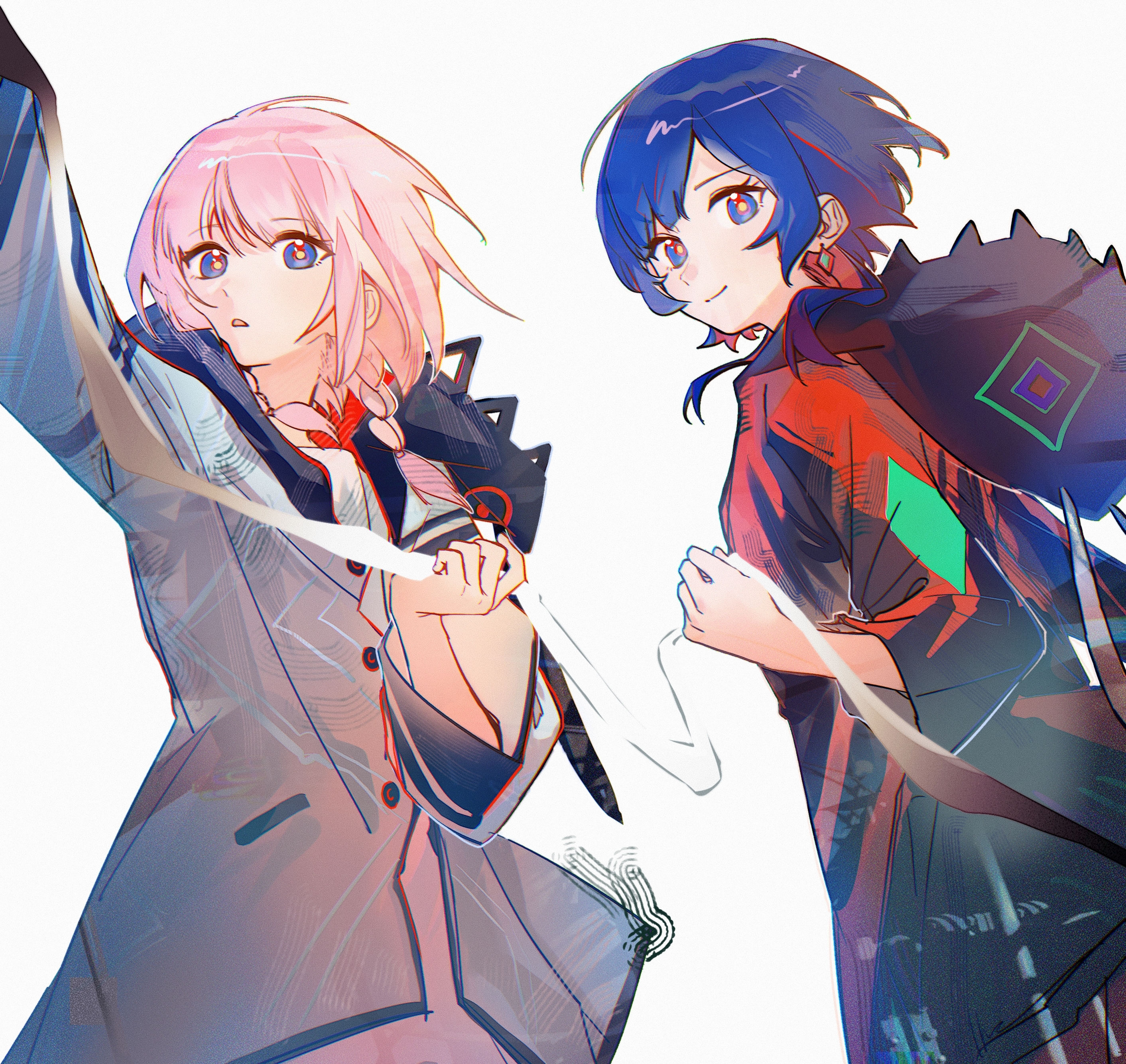 maplebyebye, kaf (kamitsubaki studio), rim (kamitsubaki studio), kamitsubaki studio, absurdres, chinese commentary, commentary request, highres, 2girls, arm up, blue eyes, blue hair, blue jacket, braid, closed mouth, colored inner hair, diamond earrings, dress, earrings, grey jacket, holding, holding ribbon, hood, hood down, hooded jacket, jacket, jewelry, long hair, looking at viewer, multicolored hair, multicolored jacket, multiple girls, open clothes, open jacket, parted lips, pink hair, red hair, red jacket, ribbon, short hair, simple background, smile, twin braids, two-tone hair, two-tone jacket, virtual youtuber, white background, white dress, wide sleeves, yellow pupils