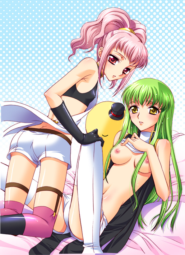 asano akira, anya alstreim, c.c., cheese-kun, code geass, pizza hut, bad id, bad pixiv id, 00s, 2girls, ass, bare shoulders, breasts, butt crack, covered erect nipples, female focus, green hair, long hair, looking back, lying, medium breasts, multiple girls, nipples, pink hair, ponytail, red eyes, small breasts, thighhighs, yellow eyes, yuri