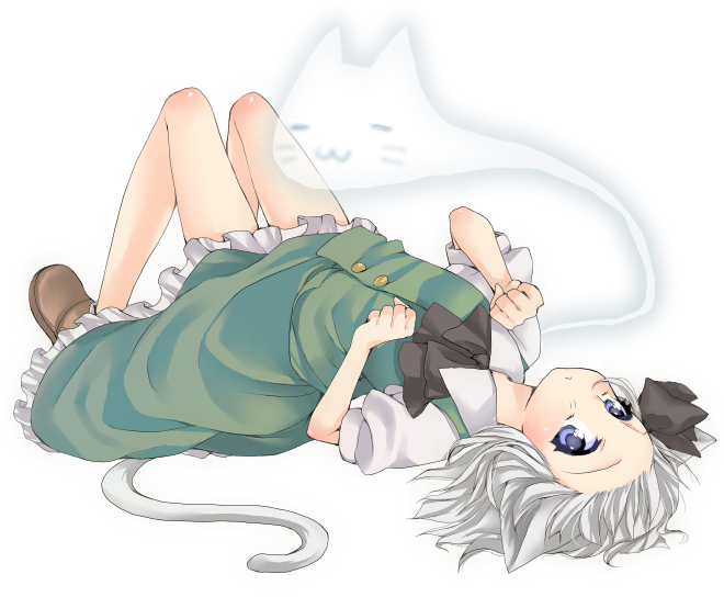 midori (green tea), midori (pixiv), konpaku youmu, konpaku youmu (ghost), touhou, silver hair, bad id, bad pixiv id, 1girl, animal ears, blue eyes, cat ears, cat girl, cat tail, female focus, ghost, hitodama, kemonomimi mode, lying, on back, paw pose, short hair, simple background, solo, tail