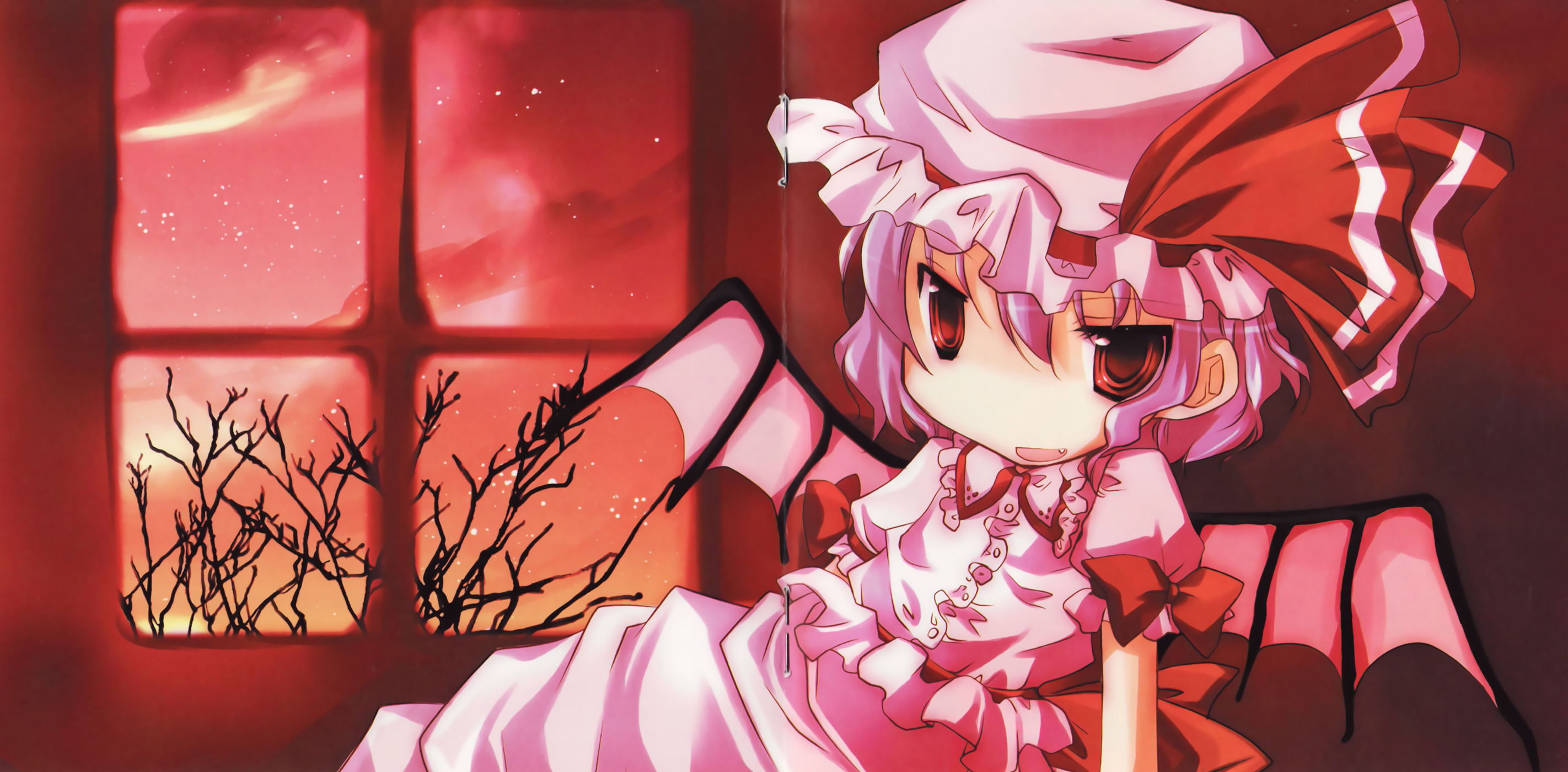 remilia scarlet, touhou, highres, non-web source, scan, 1girl, cloud, crease, female focus, indoors, plant, sitting, sky, solo, staple, stapled, tree, wings