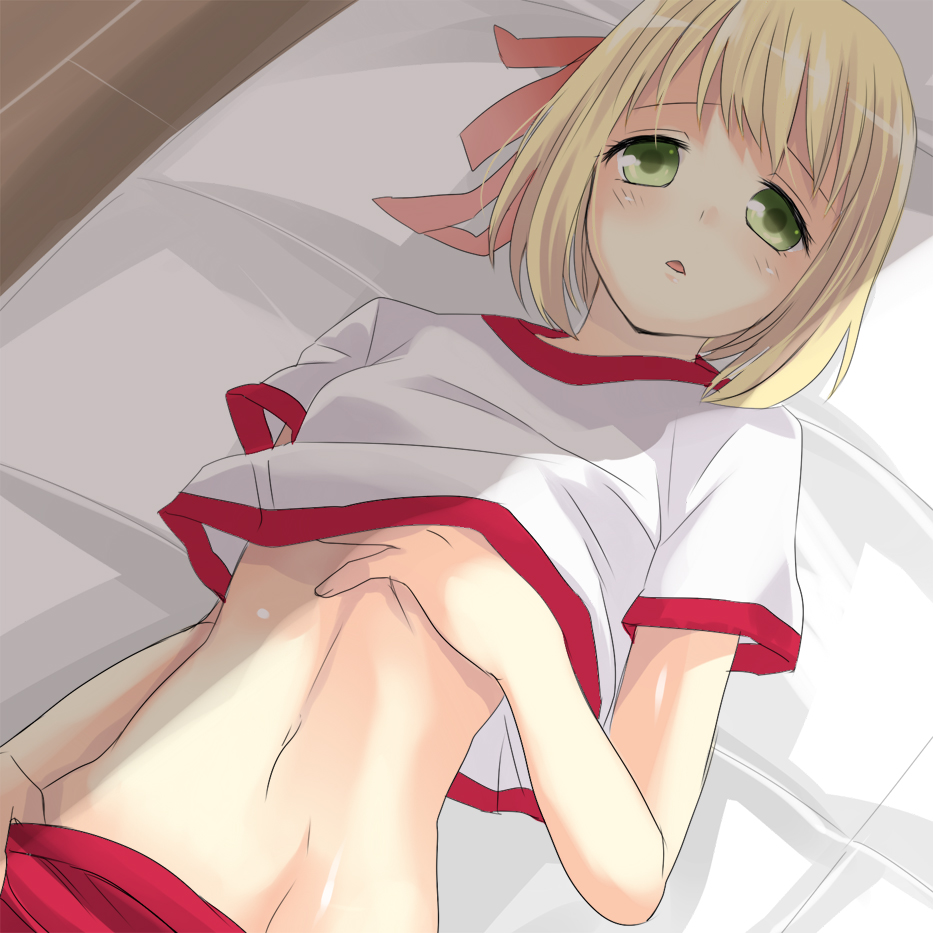 chiha, liechtenstein (hetalia), axis powers hetalia, bad id, bad pixiv id, 00s, 1girl, blonde hair, clothes lift, female focus, green eyes, gym uniform, hair ribbon, lying, navel, ribbon, shirt lift, short hair, solo