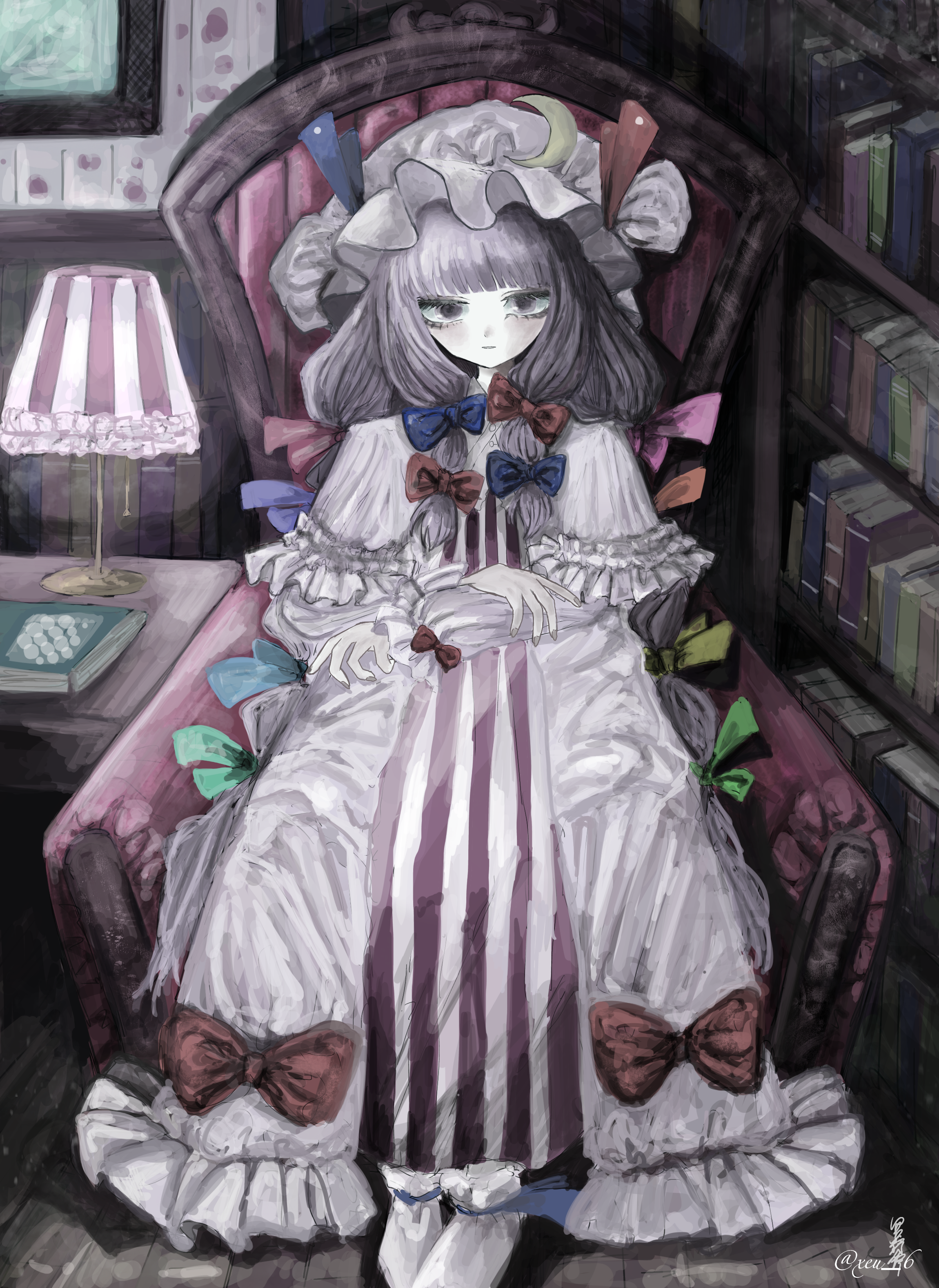 xeu 6, patchouli knowledge, touhou, absurdres, commentary request, highres, 1girl, blunt bangs, book, bookshelf, crescent, crescent hat ornament, dress, expressionless, frills, hair ribbon, hat, hat ornament, indoors, long hair, long sleeves, looking at viewer, mob cap, parted lips, purple eyes, purple hair, ribbon, robe, sitting, socks, solo, striped clothes, striped dress, table, twitter username, very long hair, white robe, white socks