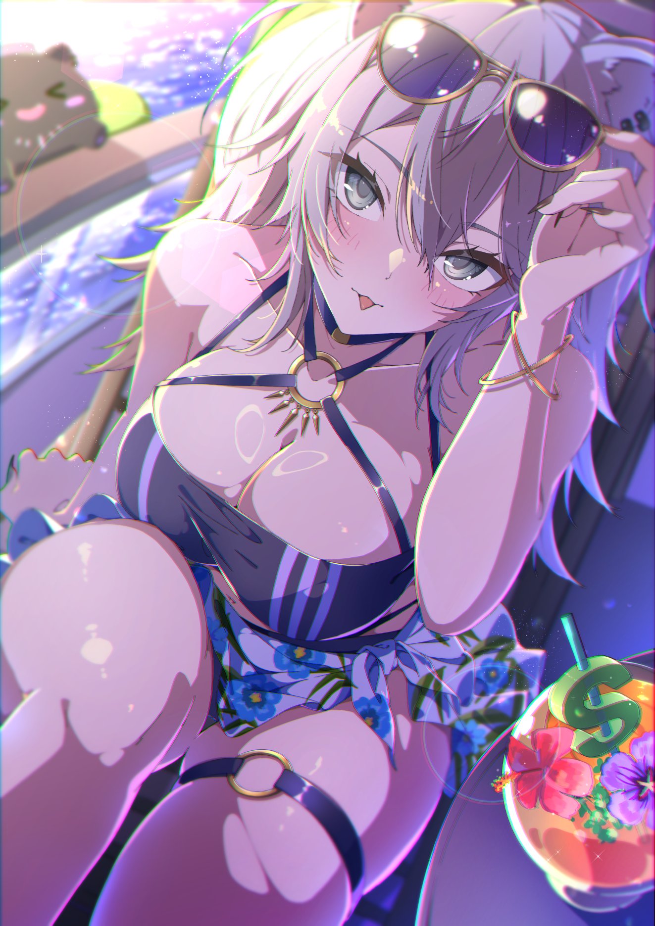 mashiron (mashiron8), shishiro botan, ssrb (shishiro botan), hololive, commentary request, highres, 1girl, adjusting eyewear, alternate costume, animal ear piercing, animal ears, bikini, black bikini, black nails, blush, bracelet, breasts, cleavage, collarbone, drink, drinking straw, floral print, flower, grey eyes, grey hair, hibiscus, jewelry, large breasts, lion ears, long hair, looking at viewer, pink flower, purple flower, skindentation, solo, sunglasses, swimsuit, thick thighs, thigh strap, thighs, virtual youtuber, yellow-framed eyewear