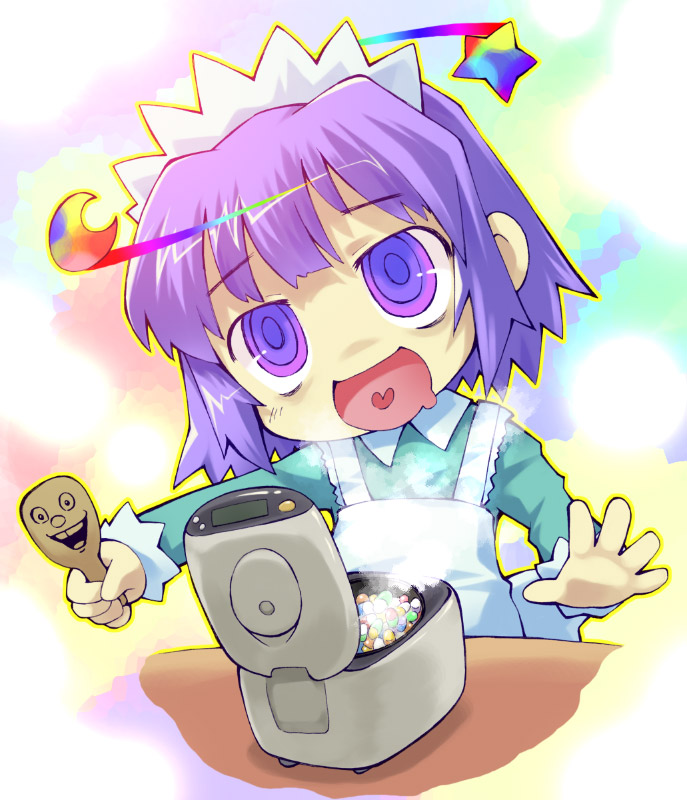 sakurabe notos, dizzy (guilty gear), yakui, futaba channel, nijiura maids, 1girl, apron, dazed, drooling, drugged, drugs, empty eyes, female focus, heart, heart in mouth, maid, maid apron, maid headdress, moon, open mouth, pill, purple eyes, purple hair, rice cooker, ricecooker, saliva, shamoji, short hair, solo, spoon, star (symbol), steam
