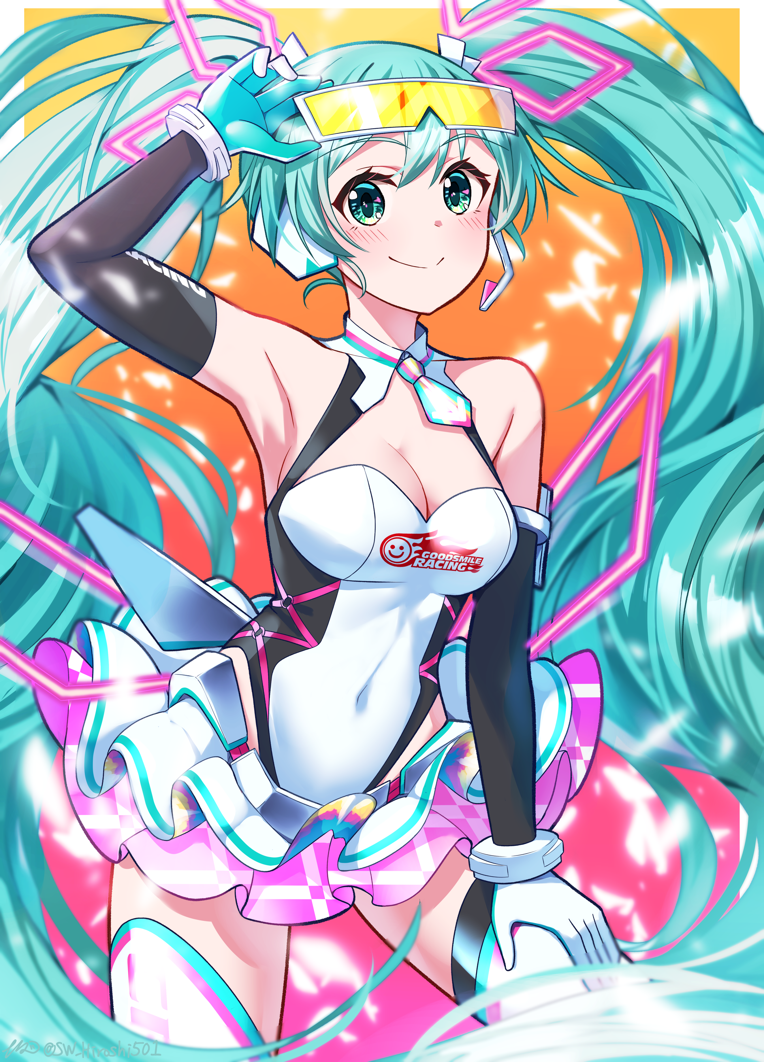 hiroshi (hunter-of-kct), hatsune miku, racing miku, racing miku (2021), goodsmile company, goodsmile racing, vocaloid, absurdres, highres, 1girl, aqua eyes, aqua hair, arm up, armpits, bare shoulders, black gloves, breasts, cleavage, closed mouth, detached collar, elbow gloves, eyewear on head, gloves, hair between eyes, hair ornament, hand on own thigh, leaning forward, leotard, long hair, looking at viewer, medium breasts, navel, official alternate costume, official alternate hairstyle, shirt, sleeveless, sleeveless shirt, smile, solo, thighhighs, twintails, very long hair, white leotard, white thighhighs
