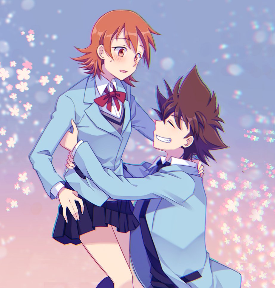 momofukki, takenouchi sora, yagami taichi, digimon, digimon adventure tri., commentary request, 1boy, 1girl, black skirt, blue jacket, blush, bow, bowtie, brown eyes, brown hair, cherry blossoms, closed eyes, collared shirt, facing another, feet out of frame, floral background, grey sweater vest, grin, hand on another's back, jacket, lifting person, long sleeves, looking at another, loose bowtie, miniskirt, open clothes, open jacket, orange hair, parted lips, pleated skirt, red bow, red bowtie, school uniform, shirt, short hair, skirt, smile, sweatdrop, sweater vest, thighs, white shirt