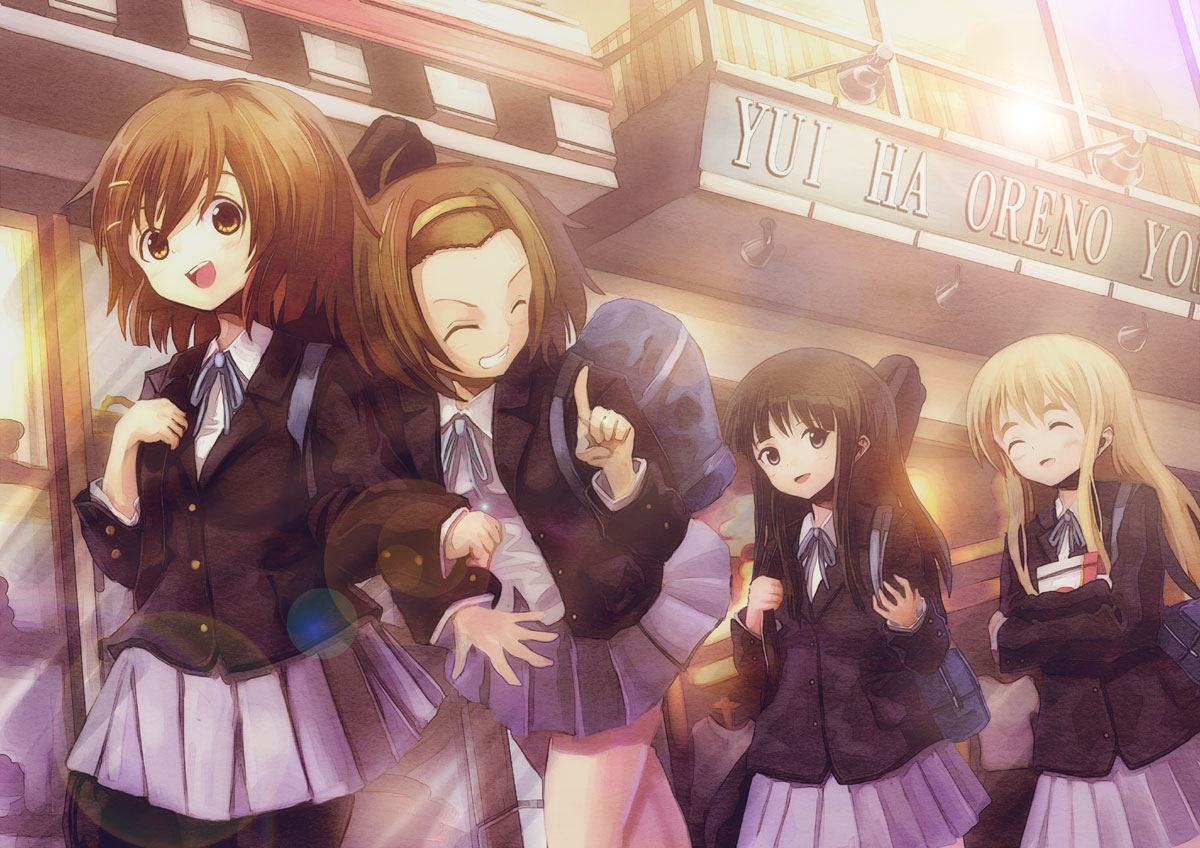 hyuuga azuri, akiyama mio, hirasawa yui, kotobuki tsumugi, tainaka ritsu, k-on!, 00s, 4girls, bag, black hair, blonde hair, blunt bangs, brown hair, hair ornament, hairband, hairclip, hairpin, hime cut, ho-kago tea time, instrument, long hair, multiple girls, pantyhose, ribbon, school uniform, short hair, skirt