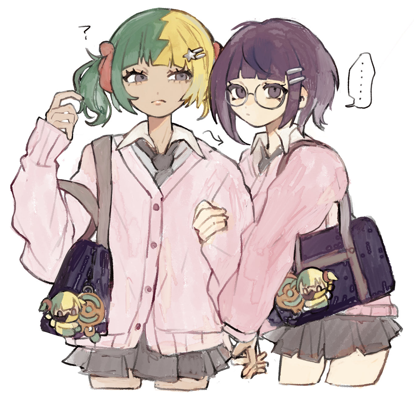 chamopichamo, canari (pokemon), gwynn (pokemon), nintendo, pokemon, pokemon legends: z-a, highres, …, 2girls, ?, alternate costume, arm hug, bag, blonde hair, bob cut, closed mouth, collared shirt, dark-skinned female, dark skin, glasses, green hair, hair ornament, hairclip, interlocked fingers, long sleeves, looking at viewer, multicolored hair, multiple girls, necktie, pink sweater, purple hair, school bag, school uniform, shirt, short hair, skirt, sleeves past fingers, sleeves past wrists, split-color hair, spoken ellipsis, sweater, two side up, white background, yuri