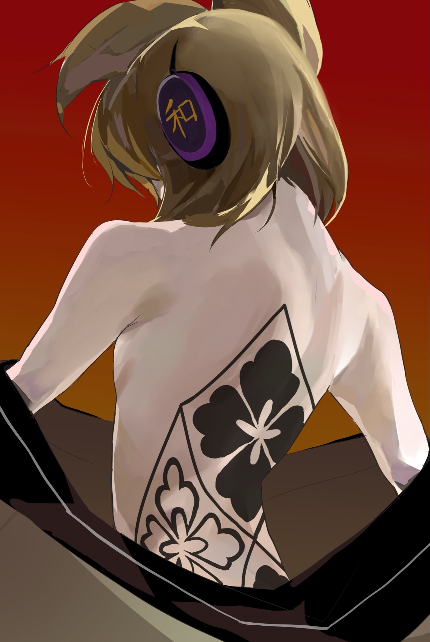 toyosatomimi no miko, touhou, commentary request, highres, 1girl, back, back tattoo, bare back, blonde hair, earphones, flower tattoo, from behind, io16sii, medium hair, pointy hair, red background, solo, tattoo, undressing