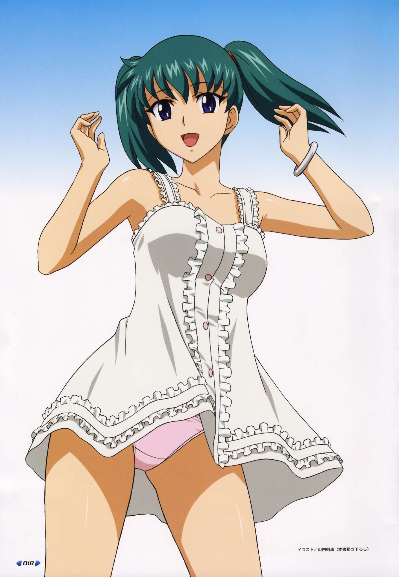yamauchi noriyasu, honjo mikaze, stratos 4, highres, 00s, 1girl, blue eyes, bracelet, dress, female focus, green hair, jewelry, panties, pantyshot, solo, twintails, underwear, upskirt