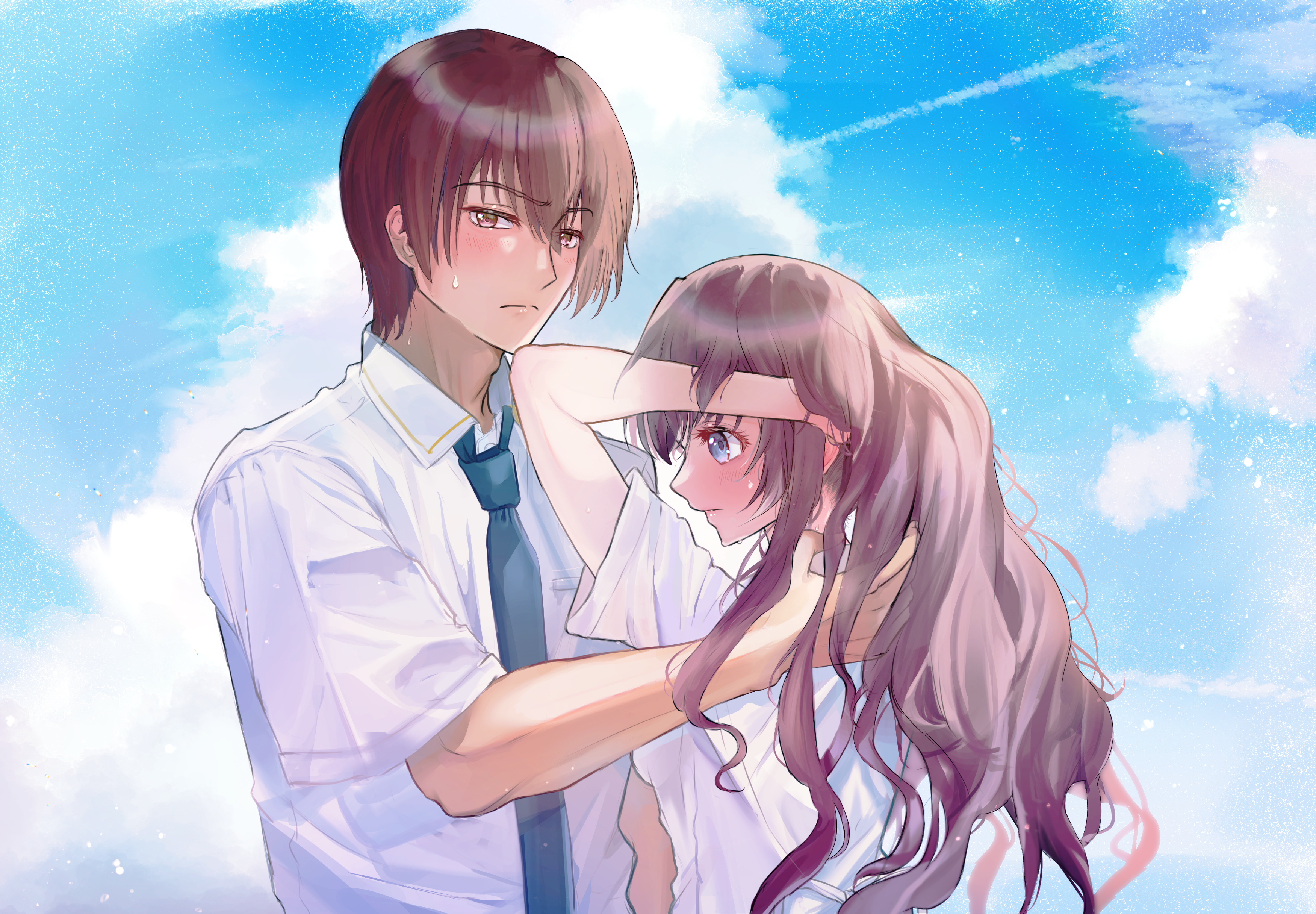 miiizuno lbs, a-chan (little busters!), natsume kyousuke, little busters!, absurdres, commentary request, highres, 1boy, 1girl, arm behind head, averting eyes, blue eyes, blue necktie, blue sky, blush, brown eyes, brown hair, closed mouth, cloud, collared shirt, couple, cumulonimbus cloud, day, embarrassed, eyelashes, frown, hair between eyes, hand in another's hair, hand in own hair, hand up, hetero, little busters! school uniform, long hair, looking at viewer, looking down, necktie, outdoors, school uniform, shirt, short hair, short sleeves, sky, split mouth, sweat, tareme, tsurime, upper body, very long hair, white shirt