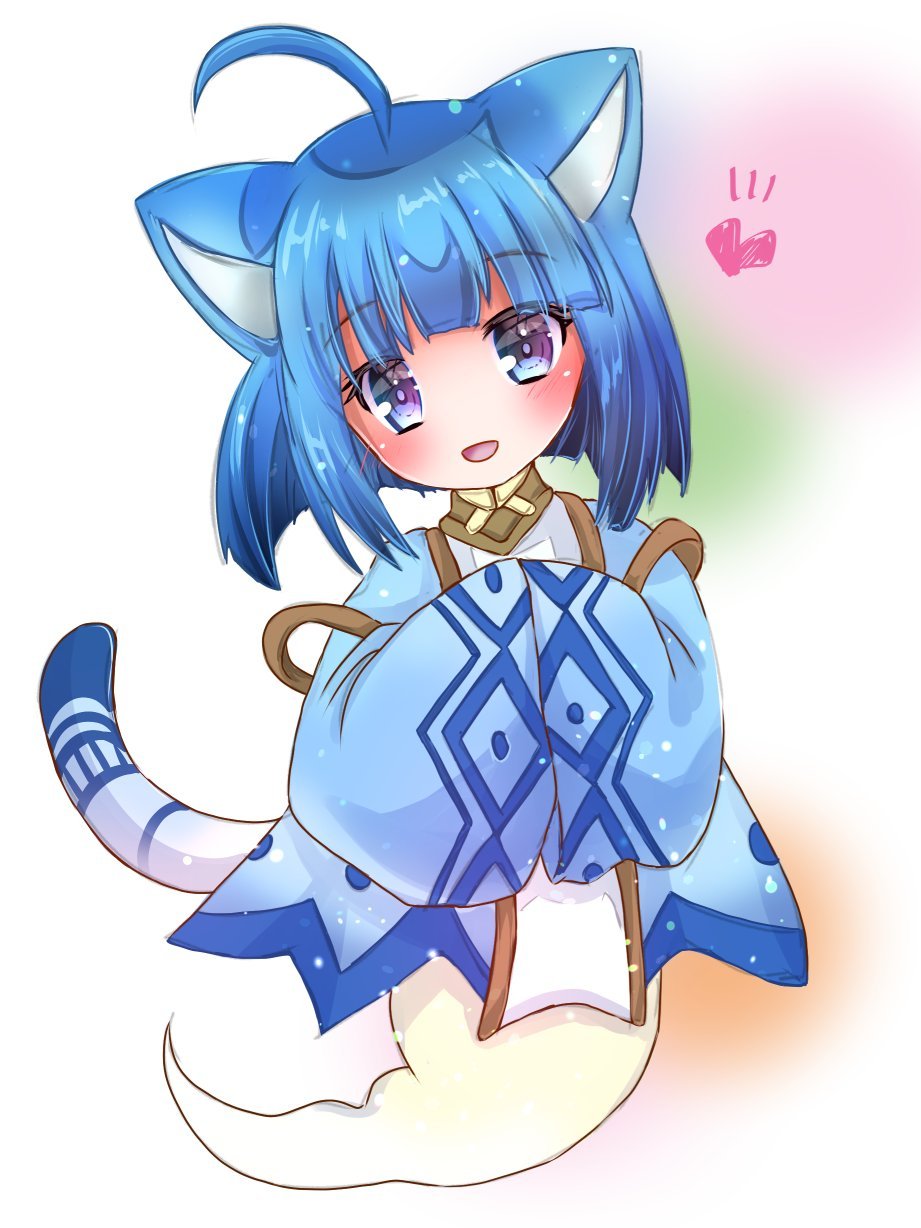 yukiomi kizuki, emil chronicle online, highres, 1girl, ahoge, animal ears, blue dress, blue eyes, blue hair, blue tail, brown collar, cat ears, cat girl, cat tail, collar, dress, ghost girl, ghost tail, heart, nekomata ai, open mouth, solo, spoken heart, tail, white background