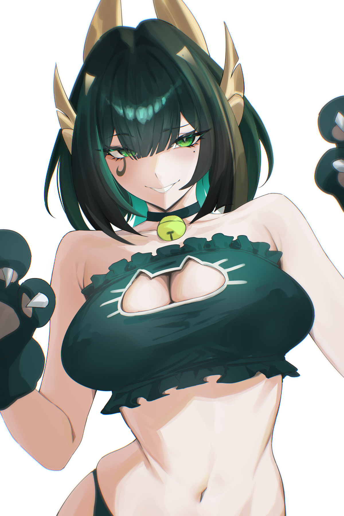 ei (eiei e1), nefer (genshin impact), genshin impact, highres, 1girl, alternate costume, animal hands, bell, breasts, cat cutout, cat paws, choker, cleavage cutout, clothing cutout, collarbone, evil grin, evil smile, gloves, green choker, green eyes, green hair, green panties, green tube top, grey hair, grin, large breasts, looking at viewer, mark under eye, mole, mole under eye, navel, neck bell, panties, paw gloves, short hair, simple background, smile, solo, stomach, strapless, tube top, underwear, white background