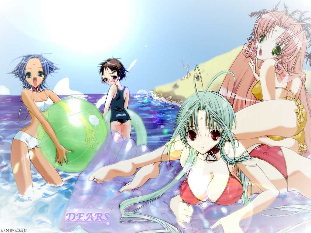 ayu (dears), miu (dears), neneko, ren (dears), dears, jpeg artifacts, 4girls, aqua hair, ball, beach, beachball, blue hair, blush, breasts, brown eyes, brown hair, cleavage, collar, green eyes, large breasts, long hair, multiple girls, pink hair, red eyes, very long hair, water