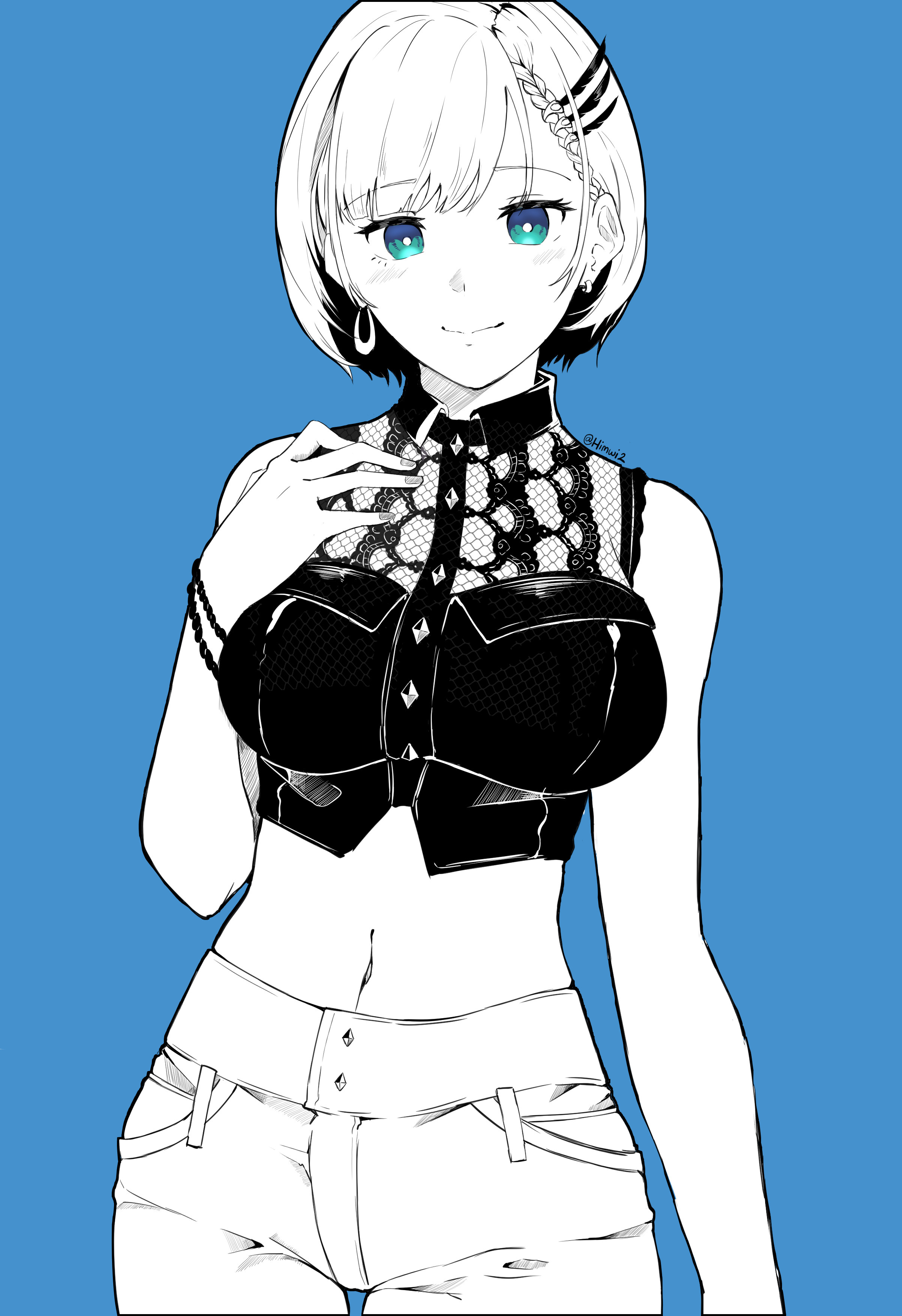 himwi, pavolia reine, hololive, hololive indonesia, absurdres, highres, 1girl, aqua eyes, blue background, braid, breasts, bright pupils, closed mouth, cowboy shot, crop top, earrings, eyelashes, fingernails, hand on own chest, jewelry, midriff, navel, short hair, smile, solo, spot color, twitter username, virtual youtuber, white pupils