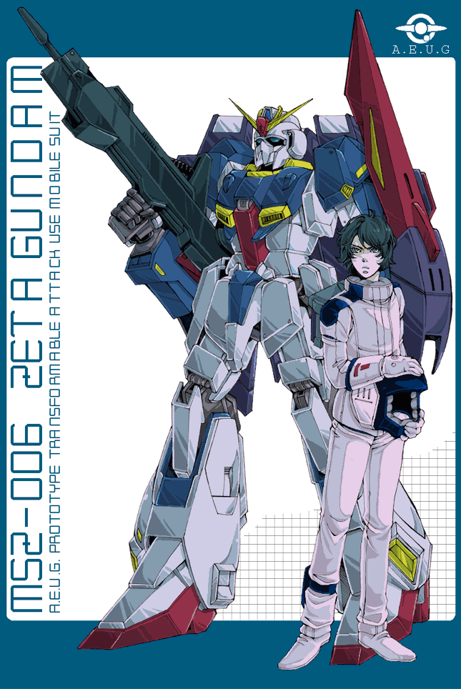 charatei, kamille bidan, zeta gundam (mobile suit), gundam, zeta gundam, pilot suit, 1boy, beam rifle, blue eyes, blue hair, energy gun, gun, male focus, matching hair/eyes, mecha, robot, short hair, solo, weapon