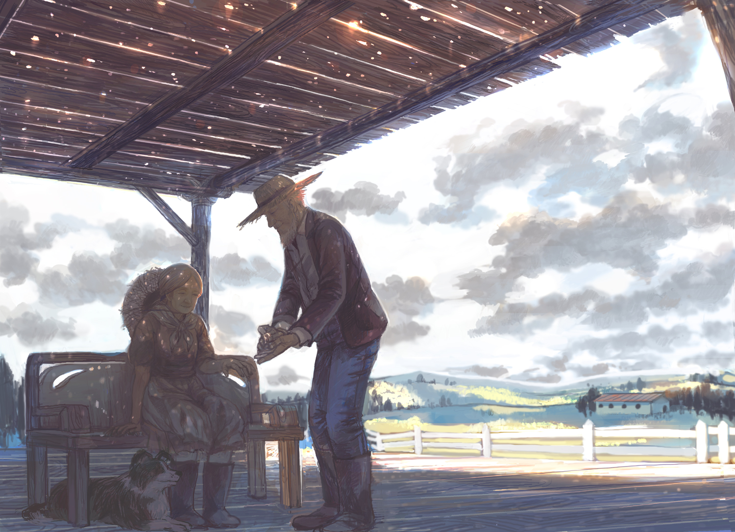 sime (echo), original, md5 mismatch, 1boy, 1girl, bench, boots, cloud, couple, day, dog, farm, farmer, fence, hat, holding, holding jewelry, holding ring, jewelry, landscape, marriage proposal, old, old man, old woman, putting on jewelry, ring, rubber boots, rural, sitting, sky, slice of life, smile, standing