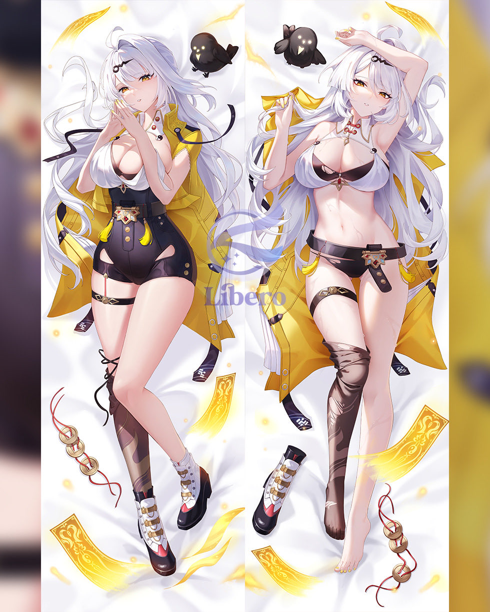libero art, yixuan (zenless zone zero), zenless zone zero, commentary, english commentary, highres, 1girl, 1other, arm on own head, armpits, artist logo, artist name, belt, bird, black bird, black bra, black panties, black unitard, bra, breasts, coin, coin on string, dakimakura (medium), double dakimakura (medium), hair ornament, hairpin, high-waist shorts, jacket, large breasts, logo, long hair, long legs, looking at viewer, lying, multiple views, navel, ofuda, on back, own hands together, panties, shoes, shorts, single hair intake, single thighhigh, stomach, sweat, thigh strap, thighhighs, underwear, undressing, unworn clothes, white hair, white shoes, yellow eyes, yellow jacket, yin yang pin