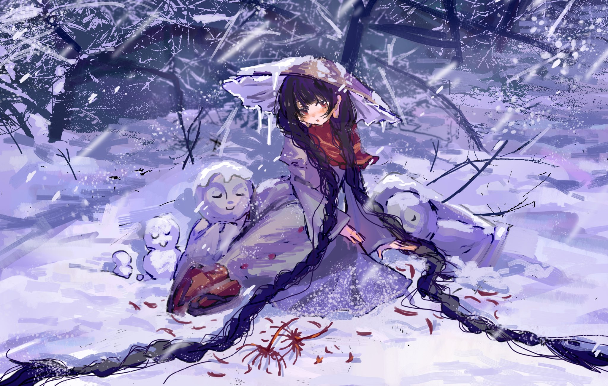 shouxishao jiuyuan, yatadera narumi, touhou, commentary, highres, 1girl, absurdly long hair, black hair, blush, braid, dress, flower, full body, grey dress, hat, jizou, long earlobes, long hair, long sleeves, looking at viewer, parted lips, red eyes, red socks, sandals, sitting, snow, snowing, socks, solo, spider lily, statue, straw hat, twin braids, very long hair, winter
