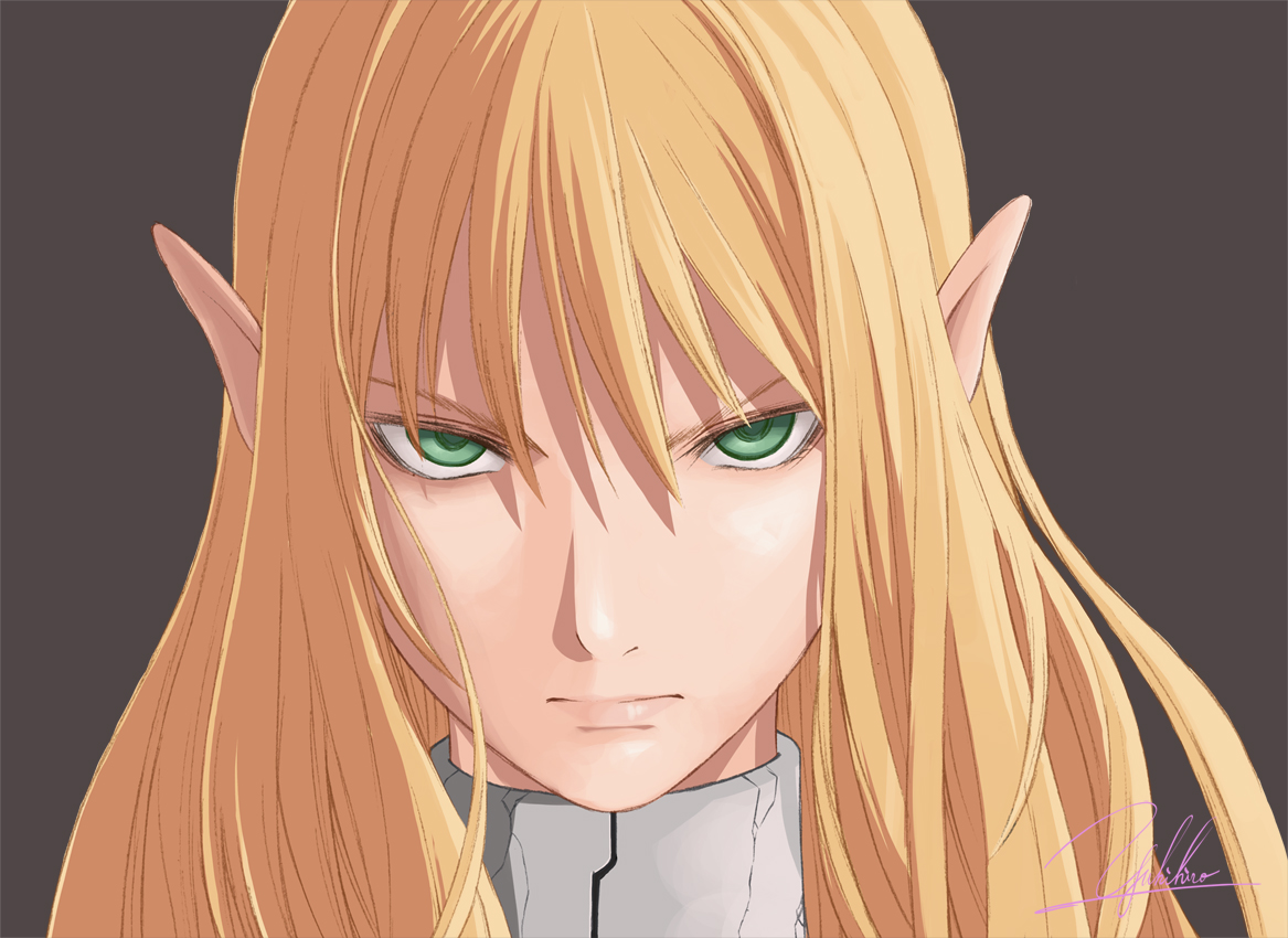 yukihiro, original, gender request, androgynous, angry, blonde hair, collar, green eyes, lips, long hair, pointy ears, portrait, profile, serious, signature, simple background, sketch, solo, staring