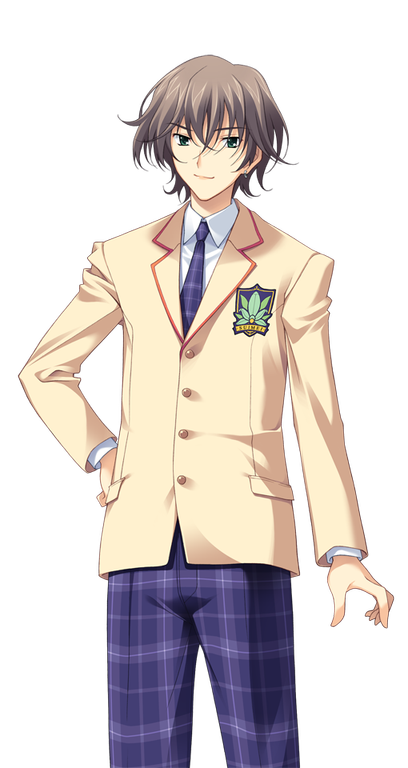 matsuo yukihiro, chaos;head, science adventure, game cg, official art, 1boy, blazer, brown hair, brown jacket, collared shirt, cowboy shot, dress shirt, earrings, green eyes, hand on own hip, jacket, jewelry, lapels, looking at viewer, male focus, misumi daisuke, necktie, notched lapels, pants, plaid clothes, plaid necktie, plaid pants, purple necktie, purple pants, red trim, school emblem, school uniform, shirt, short hair, simple background, single earring, smile, solo, sprite, standing, suimei academy school uniform, transparent background, white shirt