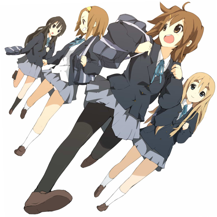 harepore, akiyama mio, hirasawa yui, kotobuki tsumugi, tainaka ritsu, k-on!, 00s, 4girls, bag, black hair, blonde hair, blunt bangs, brown hair, dutch angle, hair ornament, hairband, hairpin, hime cut, ho-kago tea time, instrument, legs, long hair, multiple girls, open mouth, panties, pantyhose, pantyshot, ribbon, round teeth, school uniform, short hair, skirt, standing, teeth, underwear, upskirt, white panties