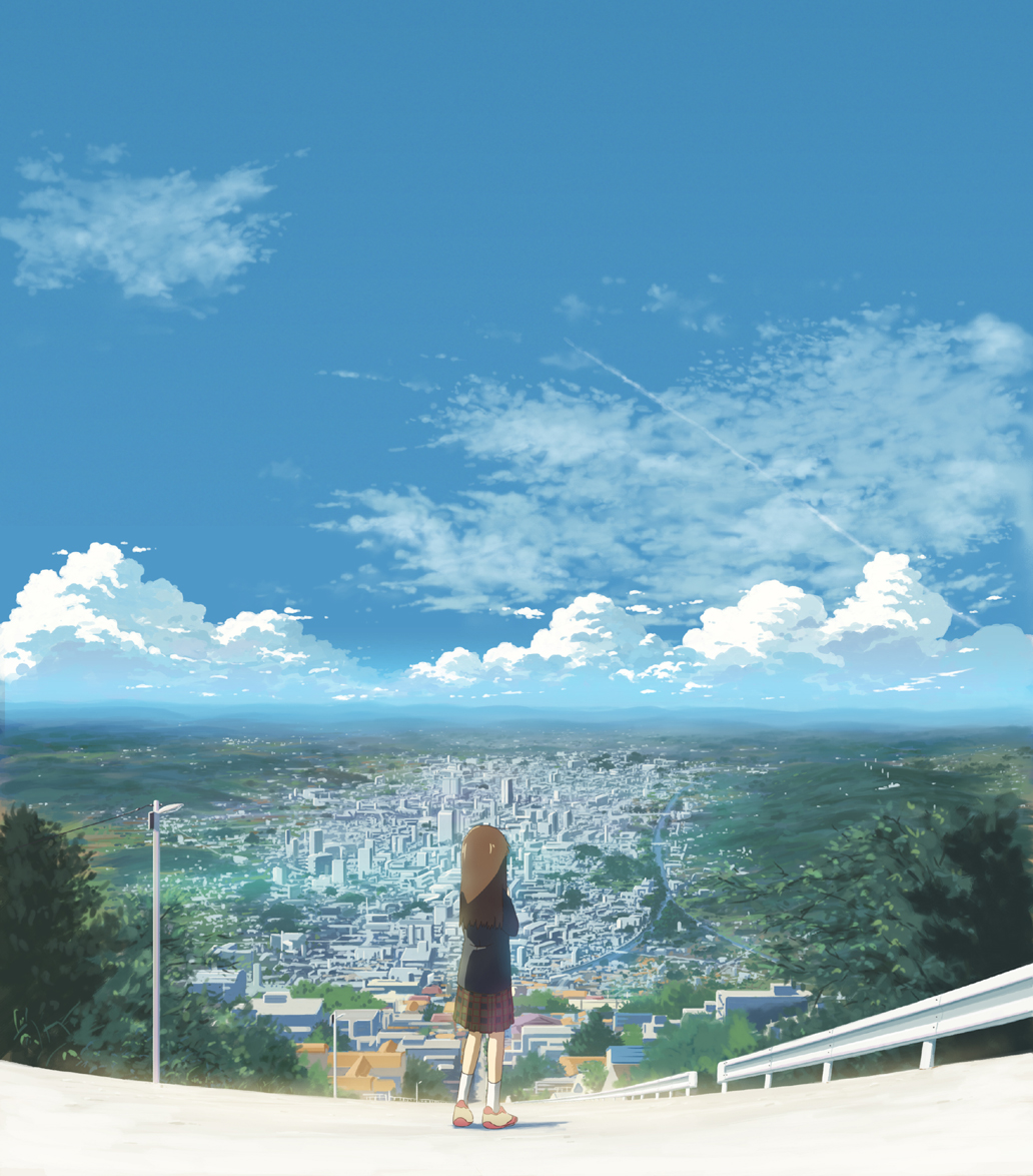 isai shizuka, original, 1girl, brown hair, cityscape, cloud, contrail, day, from behind, hill, horizon, long hair, plaid clothes, plaid skirt, road, scenery, school uniform, skirt, sky