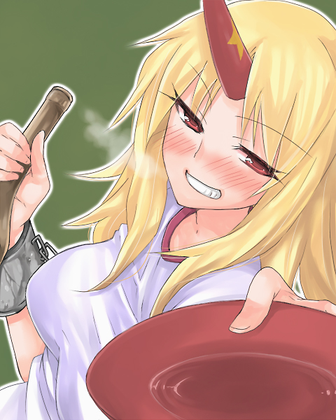 hoshiguma yuugi, touhou, 1girl, alcohol, blonde hair, bottle, cup, drunk, female focus, horns, sakazuki, sake, single horn, solo
