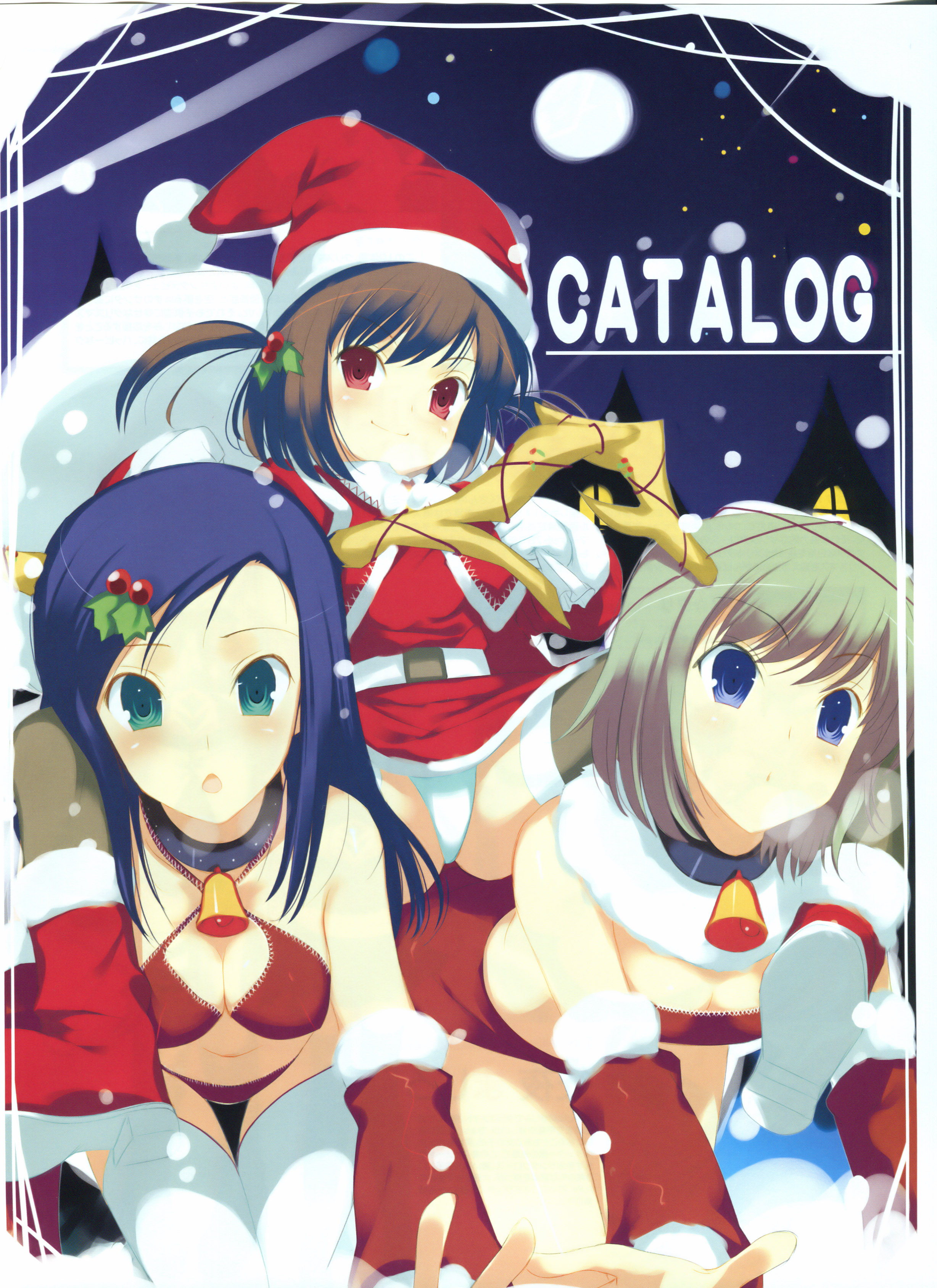 absurdres, highres, 3girls, blonde hair, blue eyes, blue hair, brown hair, christmas, green eyes, multiple girls, panties, red eyes, santa costume, thighhighs, underwear