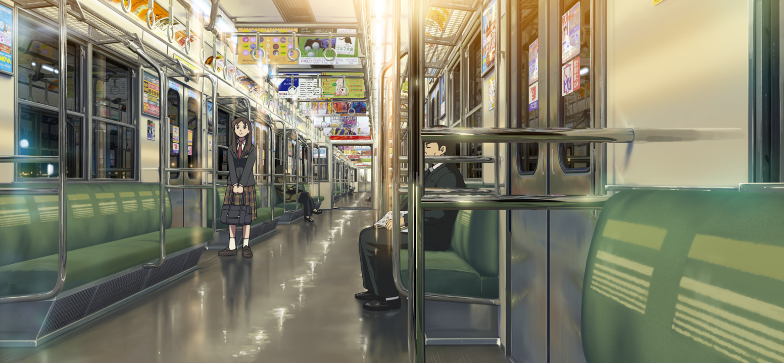isai shizuka, original, long image, wide image, 1boy, 1girl, brown hair, formal clothes, long hair, necktie, night, plaid clothes, plaid skirt, school uniform, skirt, slice of life, suit, train, train interior, vanishing point