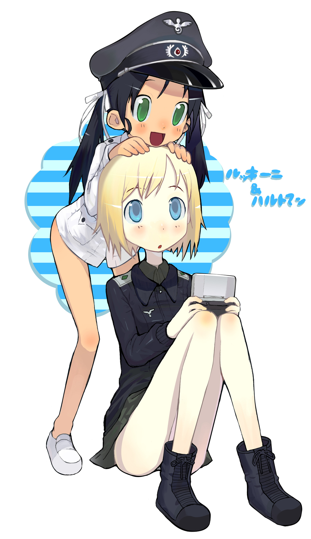 hasesese, erica hartmann, francesca lucchini, strike witches, world witches series, highres, 00s, 2girls, black hair, blue eyes, green eyes, handheld game console, hat, multiple girls, nintendo ds, playing games, short hair, twintails, video game