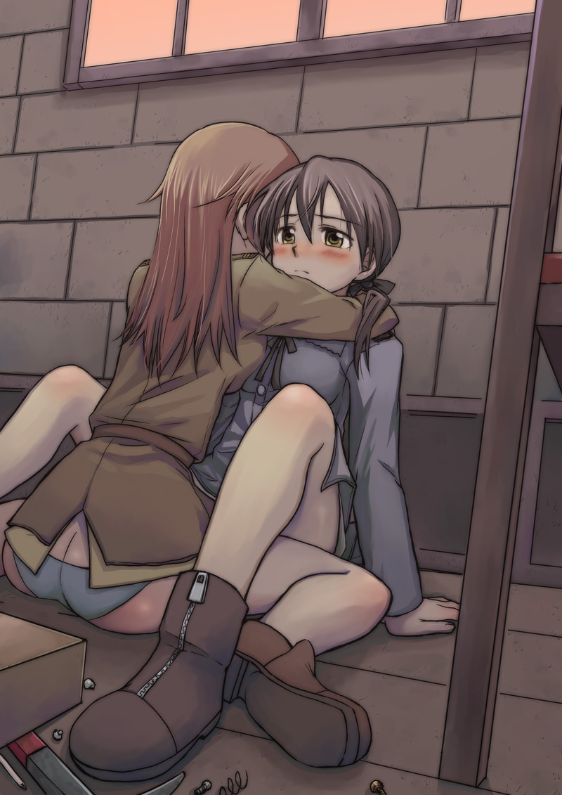 niina ryou, charlotte e. yeager, gertrud barkhorn, strike witches, world witches series, uniform, bad id, bad pixiv id, 00s, 2girls, ass, blush, boots, breast press, breasts, butt crack, hug, medium breasts, multiple girls, panties, spring (object), underwear, wooden floor, yuri