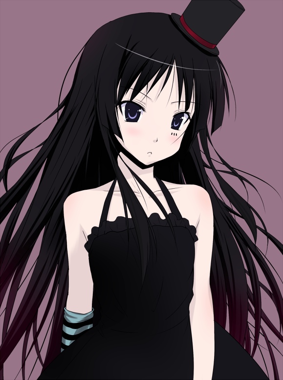 ink (artist), akiyama mio, don't say "lazy", k-on!, 00s, 1girl, bare shoulders, black hair, blue eyes, blunt bangs, female focus, gothic lolita, hat, hime cut, lolita fashion, long hair, mini hat, mini top hat, solo, top hat