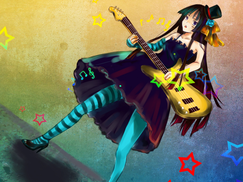 erzihua guimao, yumioni, akiyama mio, don't say "lazy", k-on!, striped, 00s, 1girl, bass guitar, black hair, blue pantyhose, blunt bangs, facepaint, female focus, gothic lolita, hat, high heels, hime cut, instrument, lolita fashion, long hair, mini hat, mini top hat, pantyhose, shoes, solo, top hat