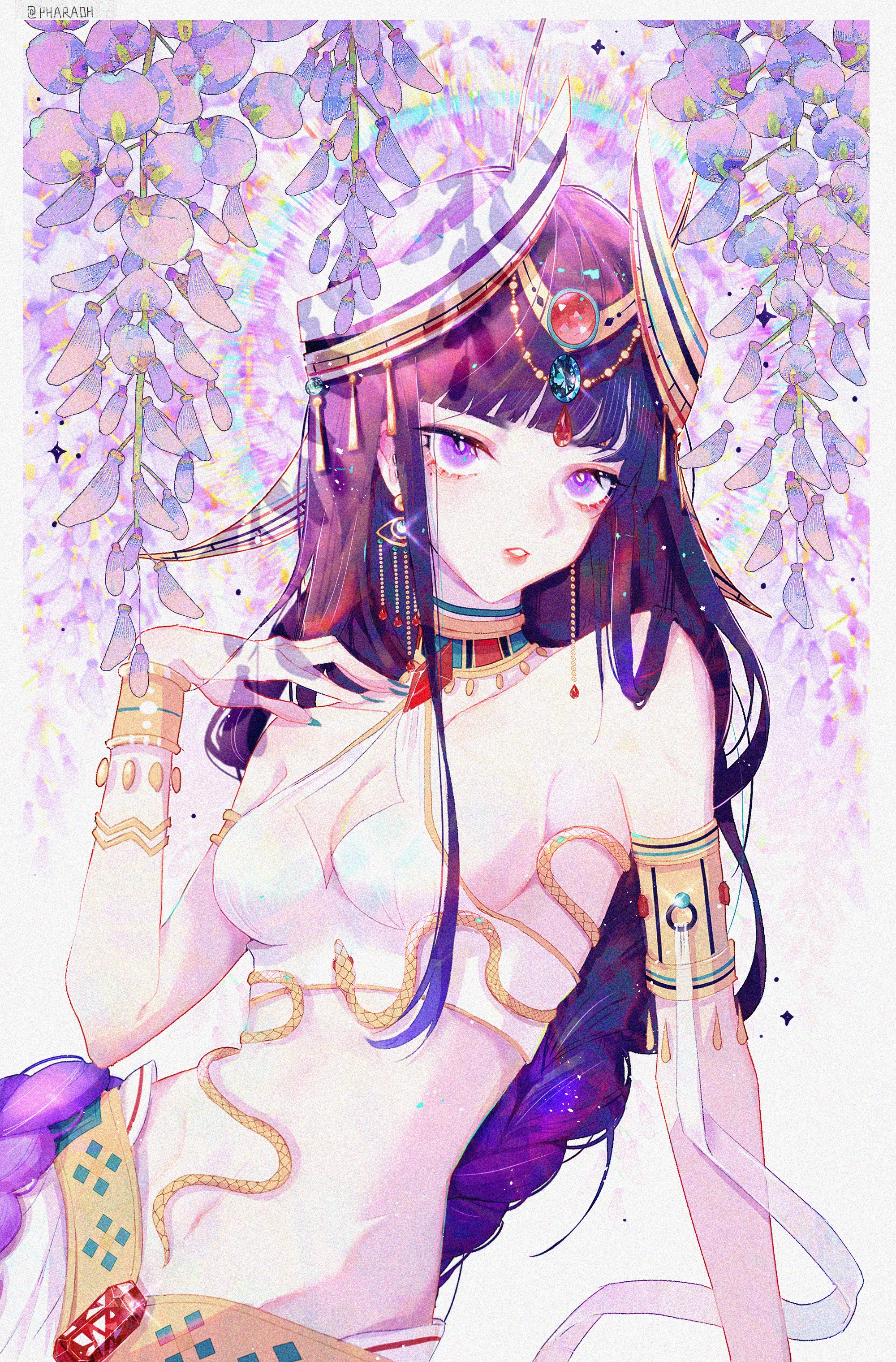 raiden shogun, genshin impact, absurdres, commentary request, highres, 1girl, alternate costume, alternate universe, ancient egyptian clothes, armlet, bare arms, bare shoulders, blunt bangs, bracelet, braid, breasts, cleavage, collarbone, crown braid, detached collar, earrings, eye symbol, fake horns, flower, gem, glint, gradient hair, grey background, head tilt, headpiece, horns, jewelry, large breasts, leaning to the side, long braid, looking at viewer, mole, mole under eye, multicolored hair, navel, parted lips, purple eyes, purple hair, rainbow, red gemstone, red lips, sideboob, single braid, sitting, skirt, snake, solo, stomach, streaked hair, toned, toned female, upper body, vinko961026, wisteria
