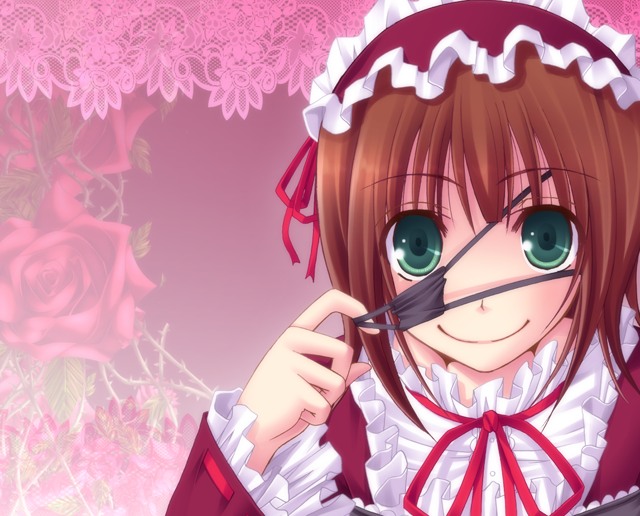 kago no tori, amami haruka, idolmaster, idolmaster (classic), idolmaster 1, bad id, bad pixiv id, 00s, 1girl, brown hair, dress, eyepatch, female focus, flower, green eyes, hairband, lolita fashion, rose, short hair, smile, solo