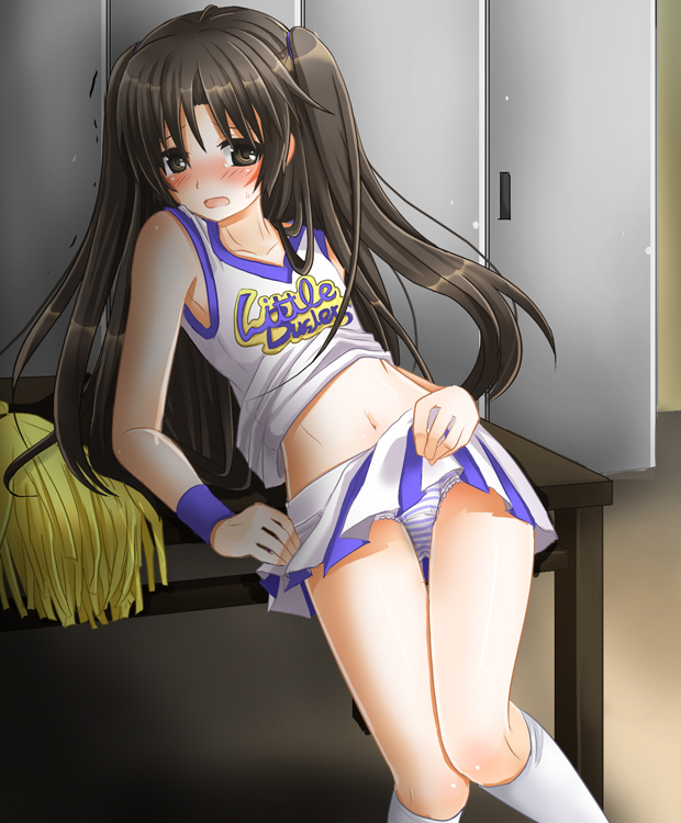 iwashiro byou, naoe riki, little busters!, bad id, bad pixiv id, 1boy, androgynous, black hair, blush, brown eyes, brown hair, cheerleader, clothes lift, crossdressing, crossdressing (mtf), kneehighs, lifting own clothes, long hair, male focus, navel, panties, pom pom (cheerleading), shirt lift, skirt, skirt lift, socks, solo, striped clothes, striped panties, table, tears, thigh gap, thighs, trap, twintails, underwear, upskirt, white socks