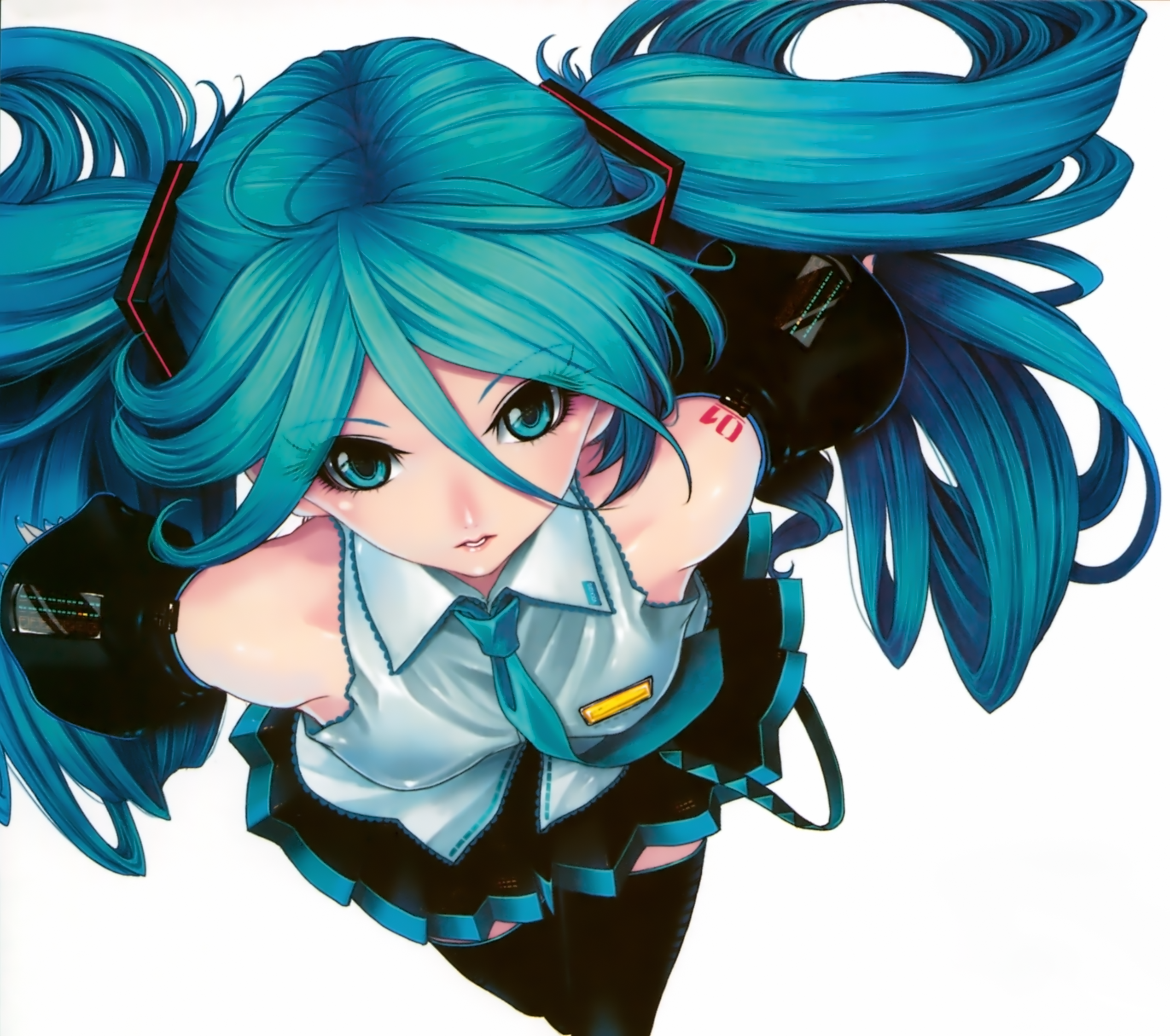 kunishige keiichi, hatsune miku, vocaloid, highres, resolution mismatch, source smaller, aqua eyes, aqua hair, detached sleeves, green hair, hair ribbon, long hair, necktie, ribbon, skirt, solo, thighhighs, twintails, zettai ryouiki