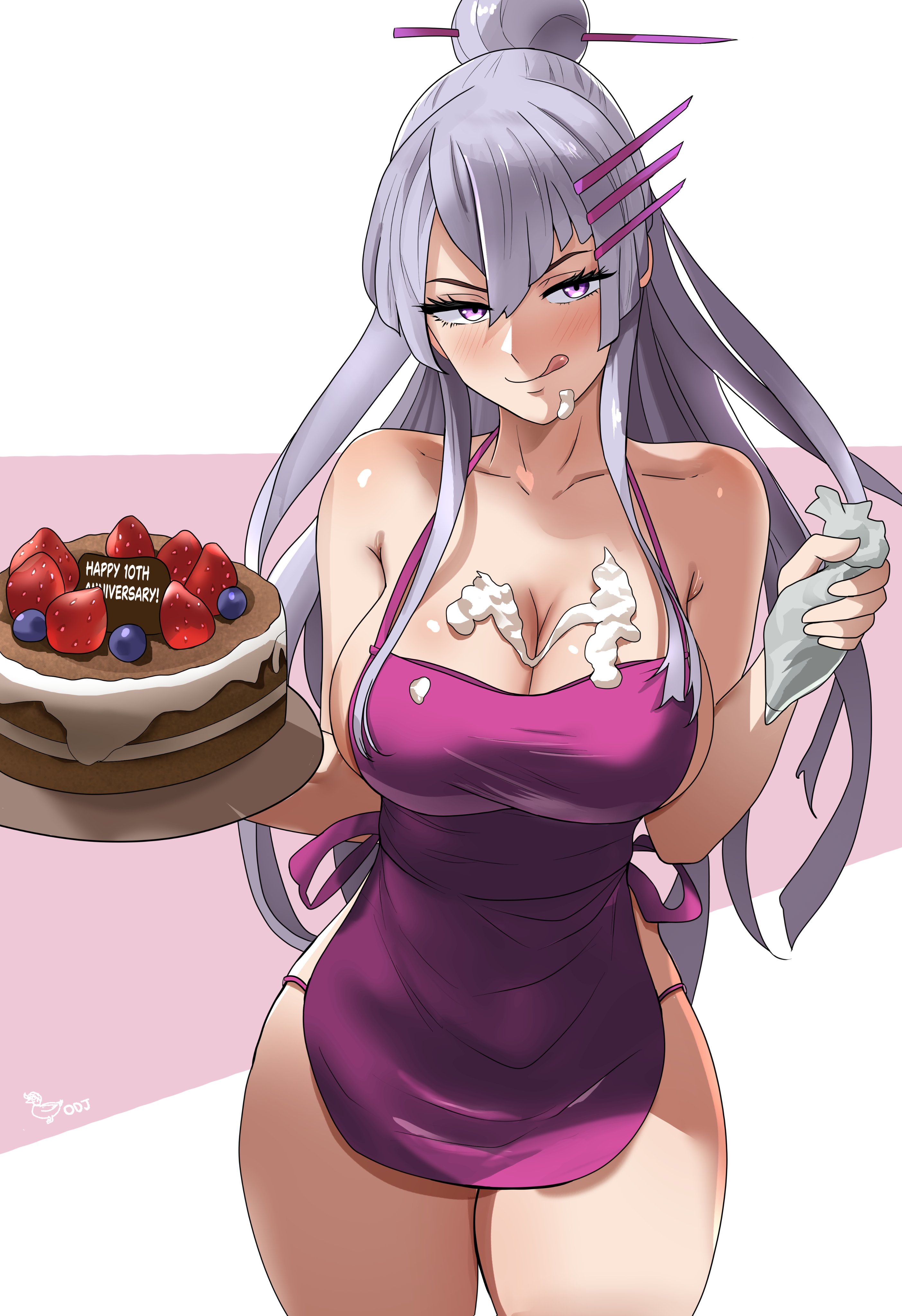 oldmanjenkins84, frolaytia capistrano, heavy object, silver hair, 1girl, apron, breasts, cake, cleavage, cream, food, hair ornament, large breasts, licking lips, long hair, naked apron, purple eyes, thighs, tongue, tongue out