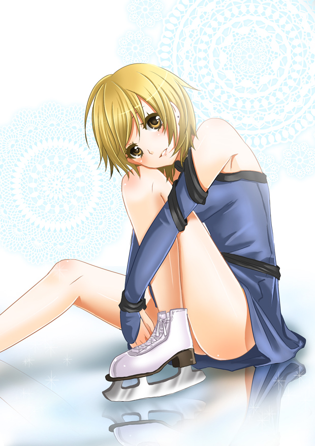 iwashiro byou, oosawa masaki, ice revolution, bad id, bad pixiv id, 1girl, armpits, ass, blonde hair, blush, detached sleeves, dress, earrings, female focus, head tilt, hugging own legs, ice, ice skates, jewelry, legs, no panties, reflection, short dress, short hair, sitting, skates, smile, solo, yellow eyes