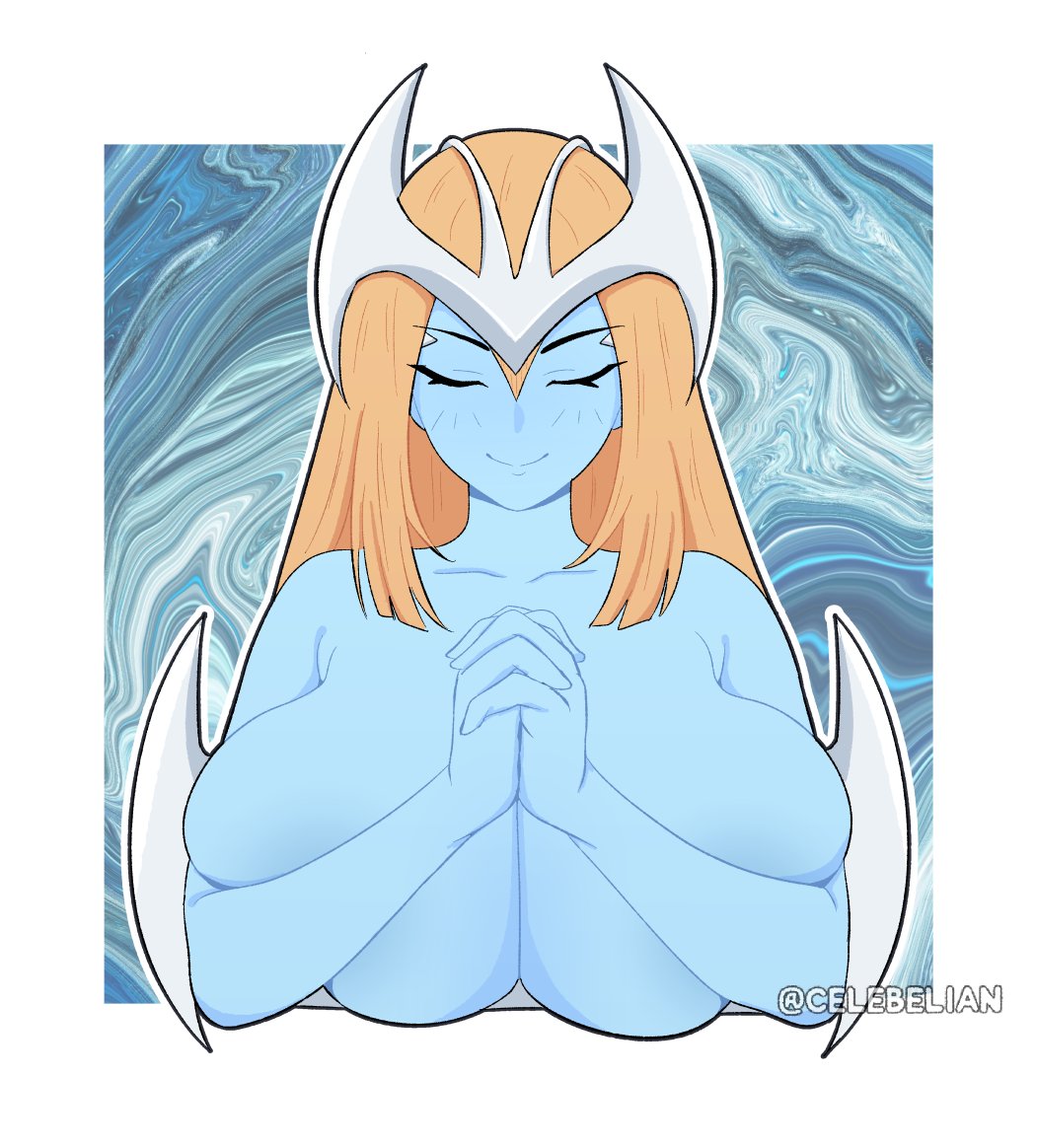 celebelian, mystical elf, yu-gi-oh!, blonde hair, blue skin, breasts, cleavage, closed eyes, colored skin, elf, huge breasts, pointy ears, smile