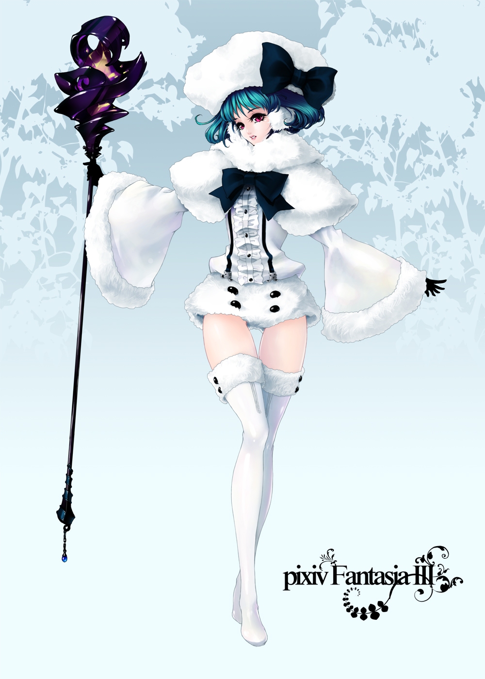 kunishige keiichi, pixiv fantasia, pixiv fantasia 3, highres, md5 mismatch, 1girl, blue hair, boots, female focus, gigandal federation, hat, legs, pink eyes, red eyes, solo, staff, thigh boots, thigh gap, thighhighs, winter
