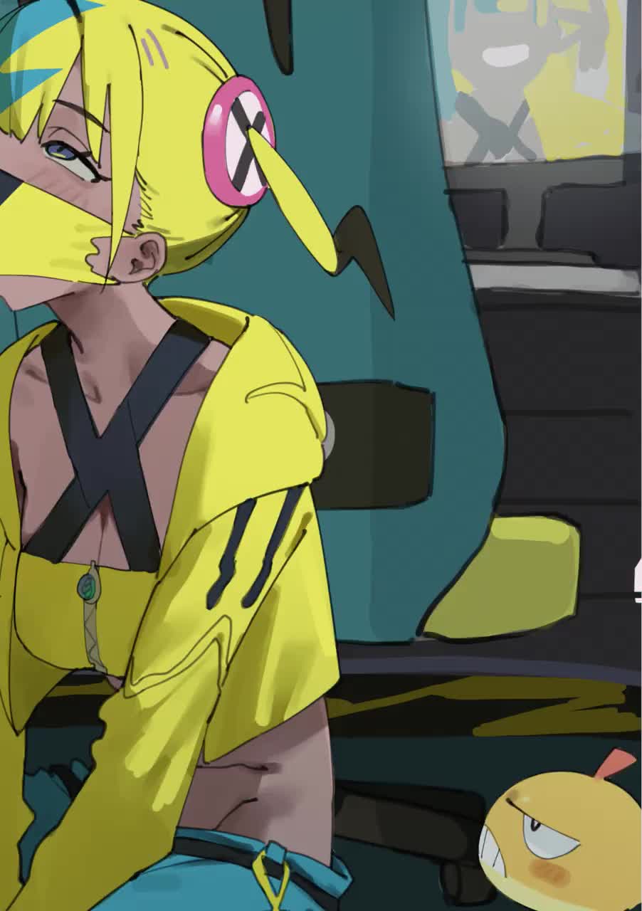 lonklink, canari (pokemon), scraggy, nintendo, pokemon, pokemon legends: z-a, animated, highres, paid reward available, tagme, video, 1girl, aqua hair, bandeau, black mask, blonde hair, blue eyes, breasts, criss-cross halter, dark-skinned female, dark skin, gen 5 pokemon, halterneck, implied fellatio, jacket, looking at viewer, mask, mask lift, medium breasts, mouth mask, multicolored hair, naughty face, pokemon (creature), short twintails, smile, split-color hair, tongue, tongue out, twintails, two-tone hair, two-tone mask, yellow bandeau, yellow jacket, yellow mask, zipper