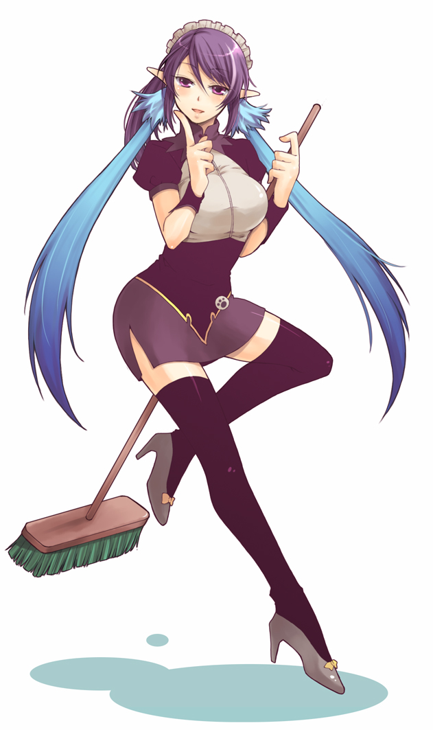 okmr, judith (tales), tales of (series), tales of vesperia, bad id, bad pixiv id, 00s, 1girl, alternate costume, alternate hairstyle, broom, enmaided, female focus, high heels, long hair, maid, official alternate costume, pencil skirt, pointy ears, purple eyes, purple hair, skirt, smile, solo, thighhighs, weapon, zettai ryouiki