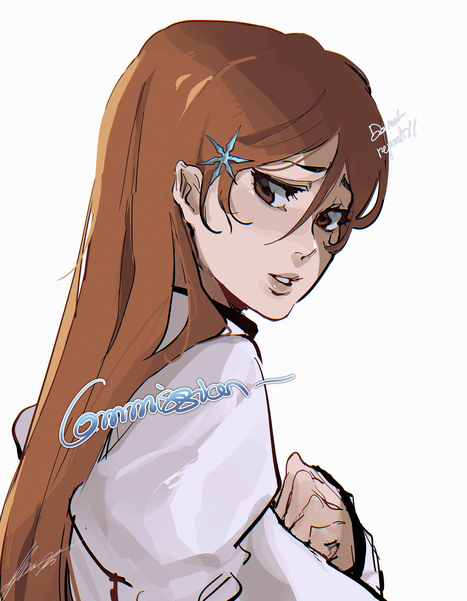 itsalpha, inoue orihime, bleach, commission, highres, 1girl, artist name, brown eyes, female focus, hair ornament, hands on own chest, lips, long hair, orange hair, parted lips, puffy sleeves, simple background, snowflake hair ornament, teeth, upper body, white background