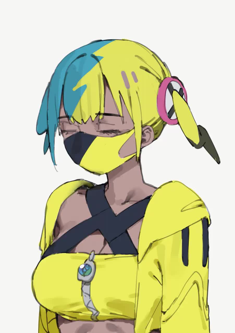 lonklink, canari (pokemon), nintendo, pokemon, pokemon legends: z-a, animated, highres, tagme, video, 1girl, aqua hair, bandeau, black mask, blonde hair, blue eyes, breasts, criss-cross halter, dark-skinned female, dark skin, halterneck, jacket, licking lips, looking at viewer, mask, mask pull, medium breasts, mouth mask, multicolored hair, naughty face, pulling own clothes, seductive smile, short twintails, smile, solo, split-color hair, tongue, tongue out, twintails, two-tone hair, two-tone mask, yellow bandeau, yellow jacket, yellow mask, zipper