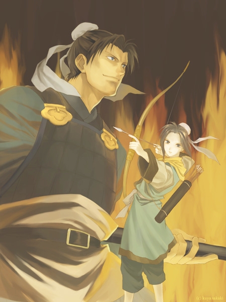 sakaki kuuya, seki, kantai (juuni kokuki), seiki (juuni kokuki), juuni kokuki, 2boys, arrow (projectile), black hair, blue eyes, bow (weapon), drawing bow, hair bun, holding, holding bow (weapon), holding weapon, multiple boys, neckerchief, polearm, single hair bun, standing, weapon, yellow neckerchief