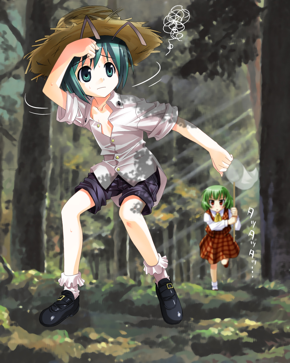 umekichi, kazami yuuka, wriggle nightbug, touhou, bad id, bad pixiv id, highres, 2girls, androgynous, antennae, ascot, butterfly net, chasing, female focus, flat chest, from below, green eyes, green hair, hand net, hat, multiple girls, net, no bra, open clothes, open shirt, plaid clothes, plaid skirt, plaid vest, red eyes, reverse trap, shirt, short hair, skirt, skirt set, sleeves rolled up, straw hat, vest